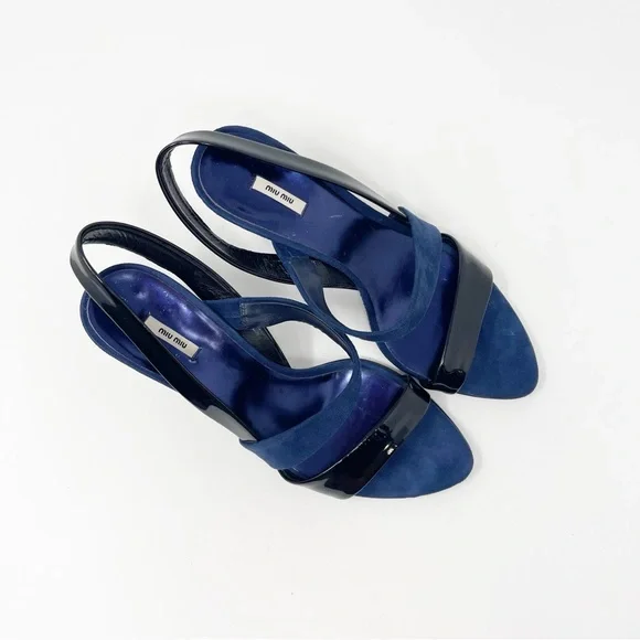 Miu Miu Navy Black Suede Patent Leather Slingback Sandals Heels 39.5 - Picture 5 of 11